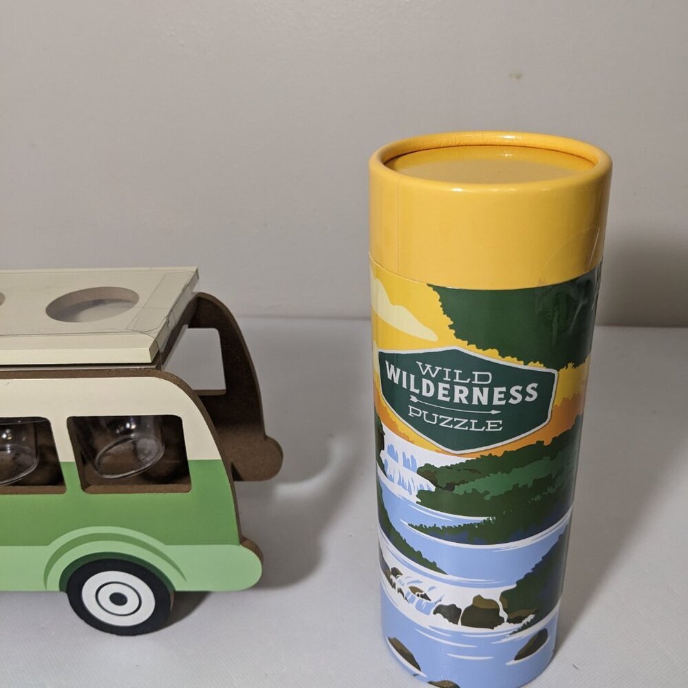 NEW- Set of 3- Van / Bus Shot Glass Holder- Yellow Outdoor Puzzle- Green Canteen - Picture 2 of 8